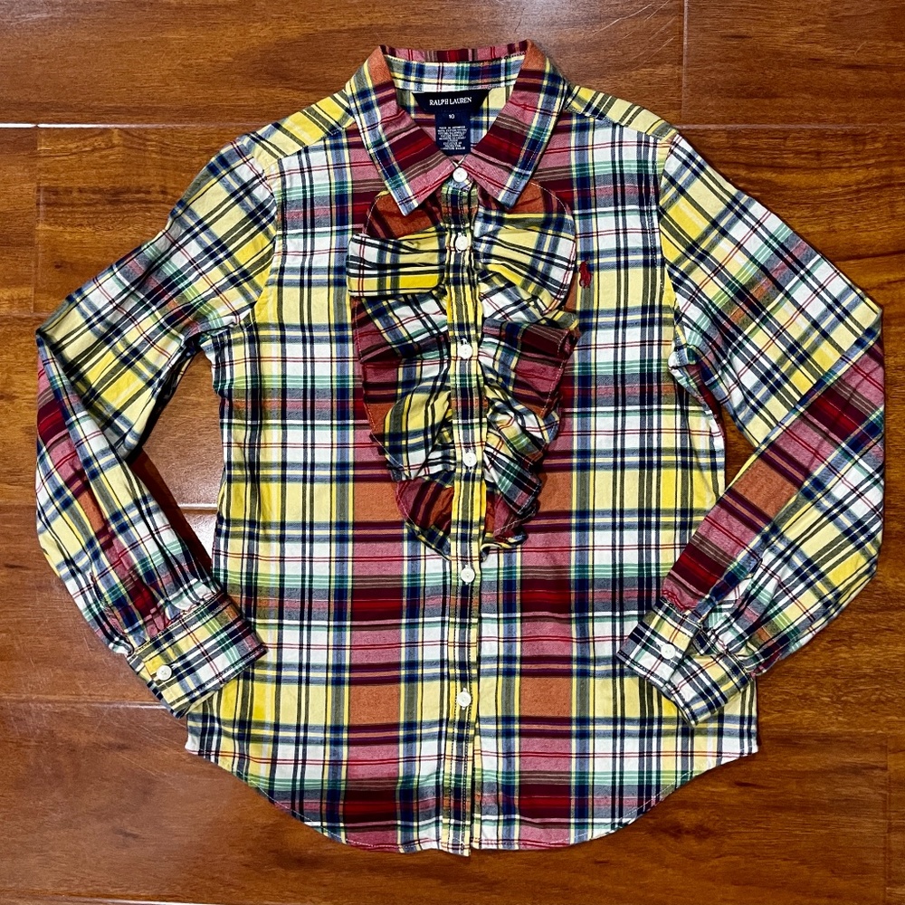 Ralph Lauren Girls Madras Plaid Long Sleeve Shirt Multi Ruffled